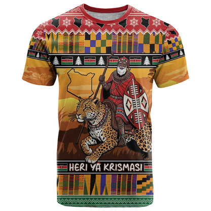 Kenya Safari Christmas T-Shirt Black Santa Riding Leopards - Heri ya Krismasi Graphic Tee