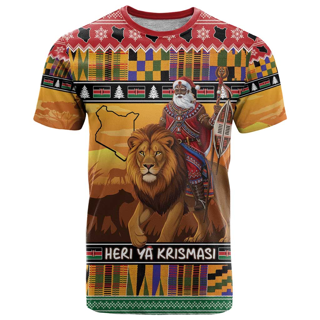 Kenya Safari Christmas T-Shirt Black Santa Riding Lion - Heri ya Krismasi Graphic Tee