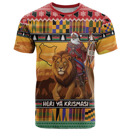 Kenya Safari Christmas T-Shirt Black Santa Riding Lion - Heri ya Krismasi Graphic Tee