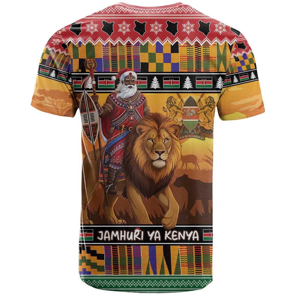 Kenya Safari Christmas T-Shirt Black Santa Riding Lion - Heri ya Krismasi Graphic Tee
