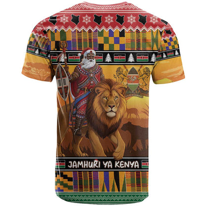 Kenya Safari Christmas T-Shirt Black Santa Riding Lion - Heri ya Krismasi Graphic Tee