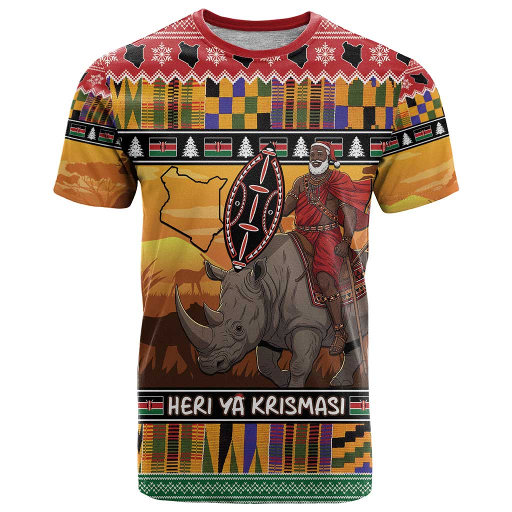 Kenya Safari Christmas T-Shirt Black Santa Riding Rhinoceros - Heri ya Krismasi Graphic Tee