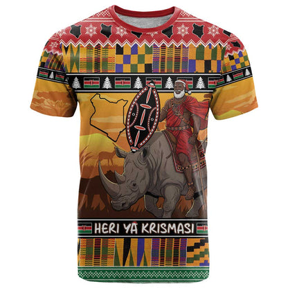 Kenya Safari Christmas T-Shirt Black Santa Riding Rhinoceros - Heri ya Krismasi Graphic Tee
