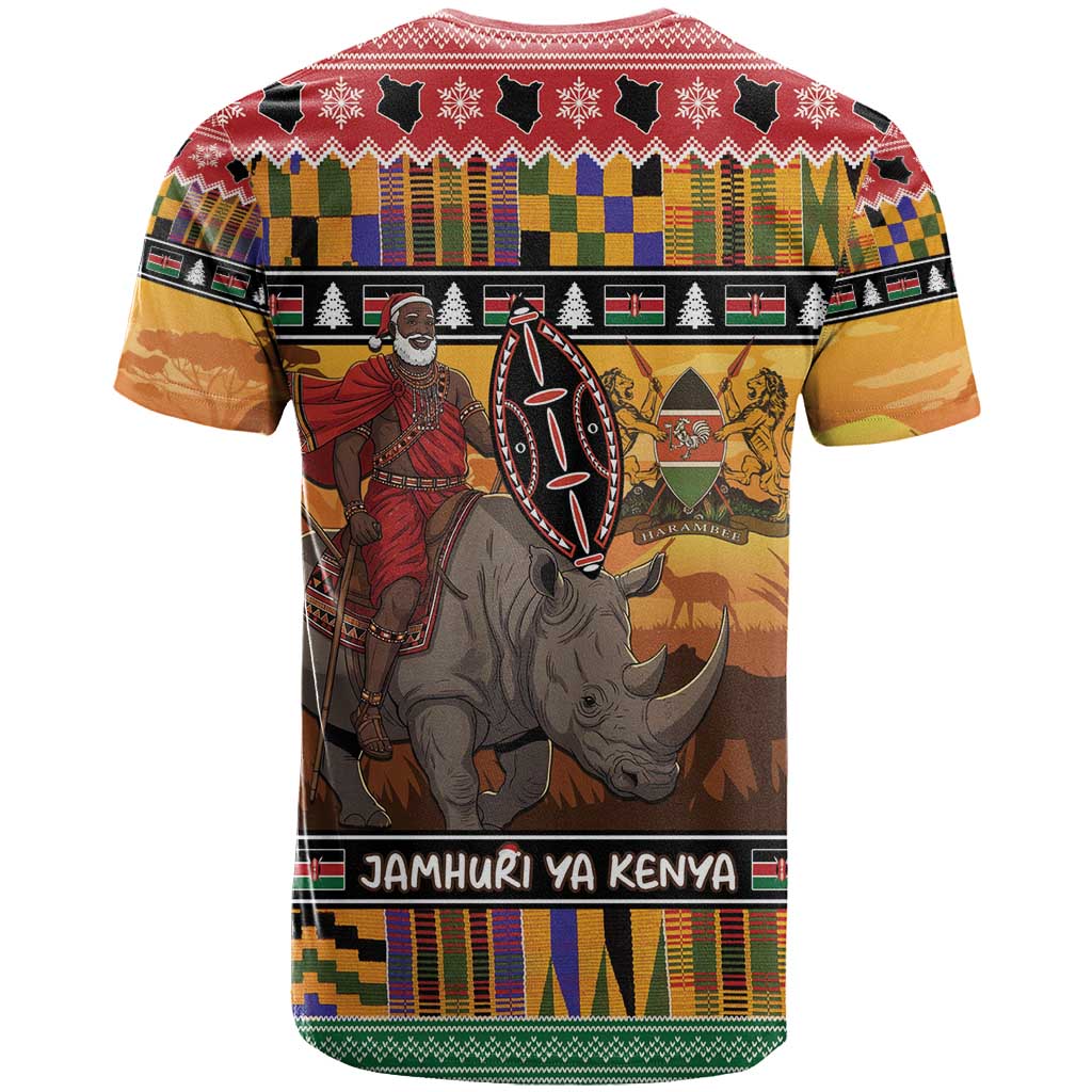 Kenya Safari Christmas T-Shirt Black Santa Riding Rhinoceros - Heri ya Krismasi Graphic Tee