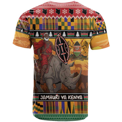 Kenya Safari Christmas T-Shirt Black Santa Riding Rhinoceros - Heri ya Krismasi Graphic Tee