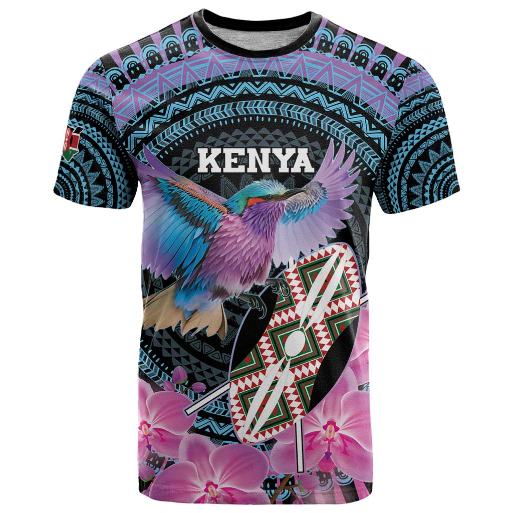 Personalised Kenya Lilac Breasted Roller T-Shirt Mix Maasai Shield With Orchid Flower Graphic Tee