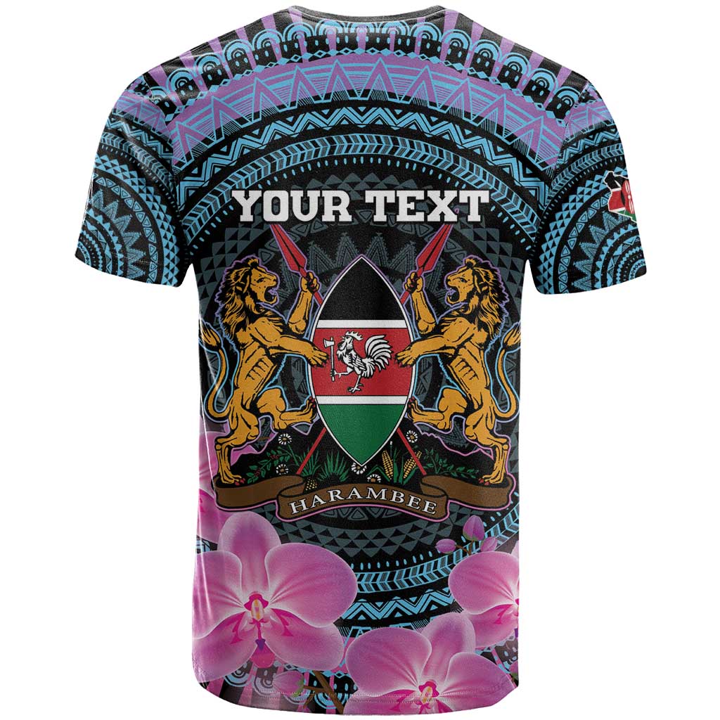 Personalised Kenya Lilac Breasted Roller T-Shirt Mix Maasai Shield With Orchid Flower Graphic Tee