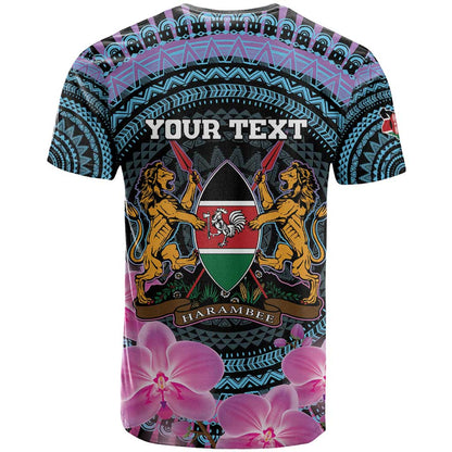 Personalised Kenya Lilac Breasted Roller T-Shirt Mix Maasai Shield With Orchid Flower Graphic Tee