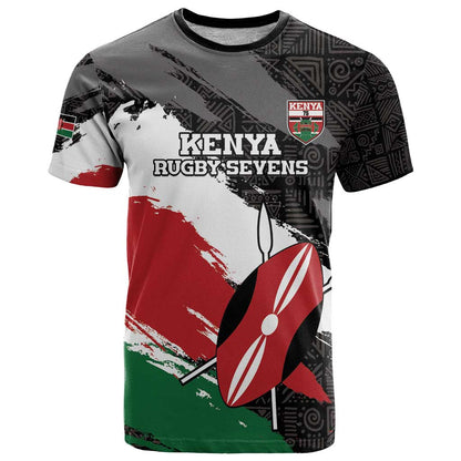 Custom Kenya Rugby Sevens T-Shirt African Pattern - Grunge Style Graphic Tee