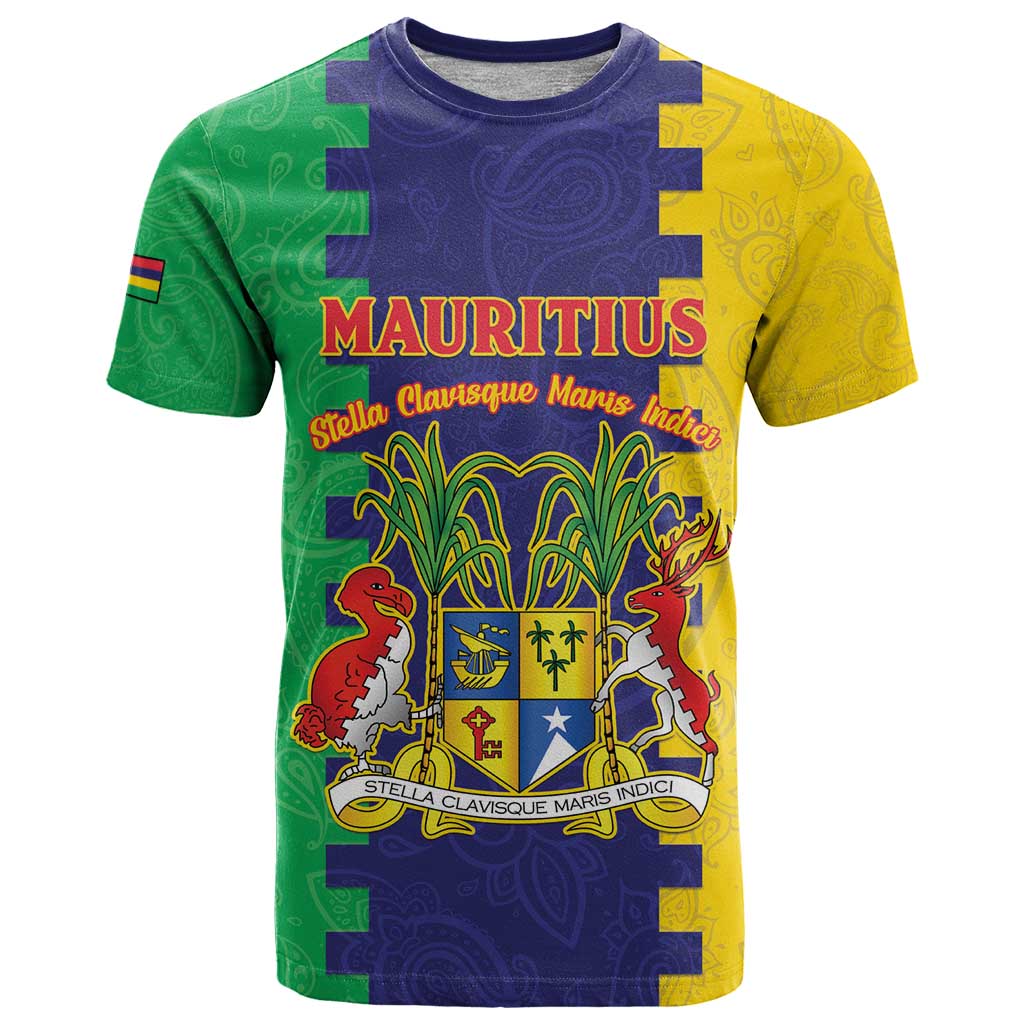 Personalised Mauritius T-Shirt Coat Of Arms Mix Paisley Pattern Graphic Tee