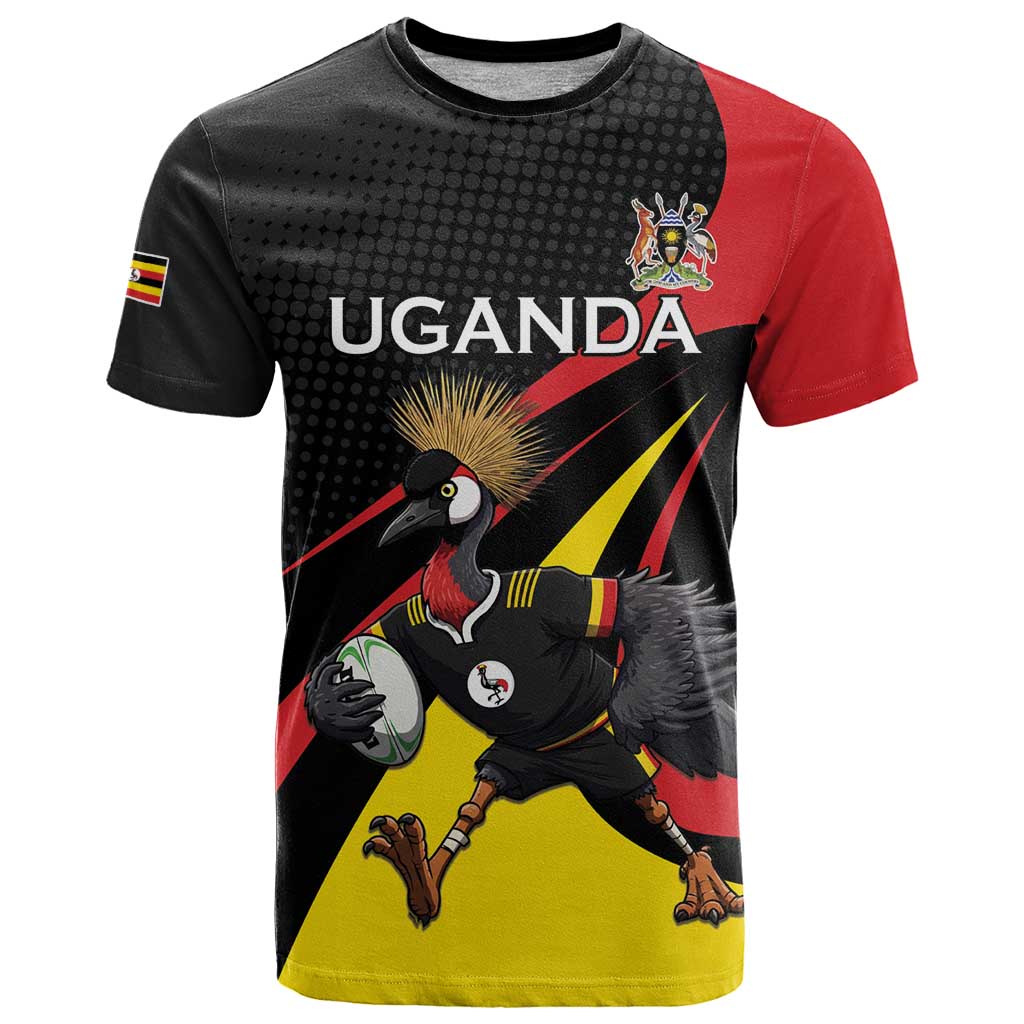 Uganda Rugby Custom T-Shirt Black Crowned Crane Mascot - Sporty Style Graphic Tee