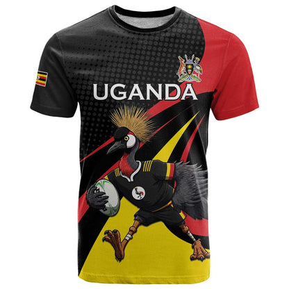 Uganda Rugby Custom T-Shirt Black Crowned Crane Mascot - Sporty Style Graphic Tee