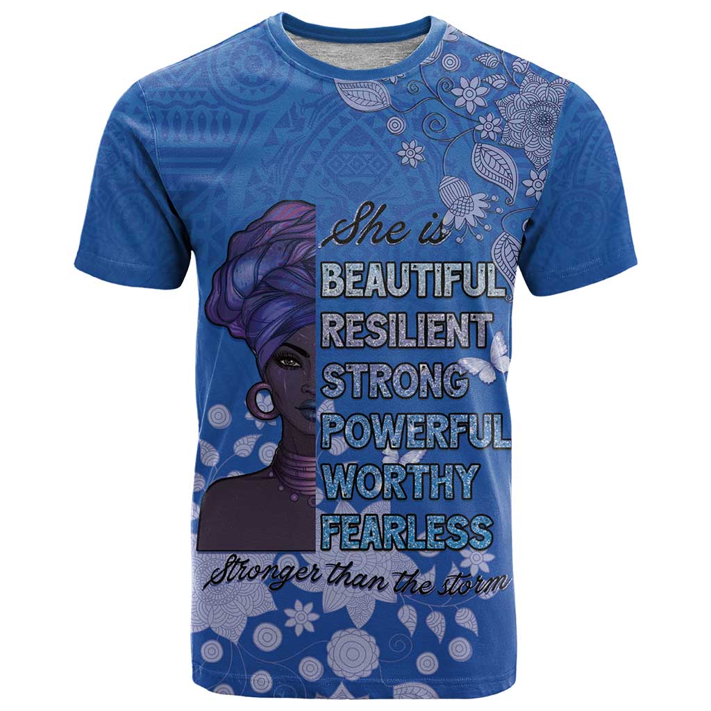 African Women T-Shirt Black Beautiful Brave and Bressed - Blue Color Graphic Tee