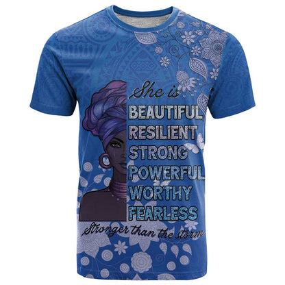 African Women T-Shirt Black Beautiful Brave and Bressed - Blue Color Graphic Tee