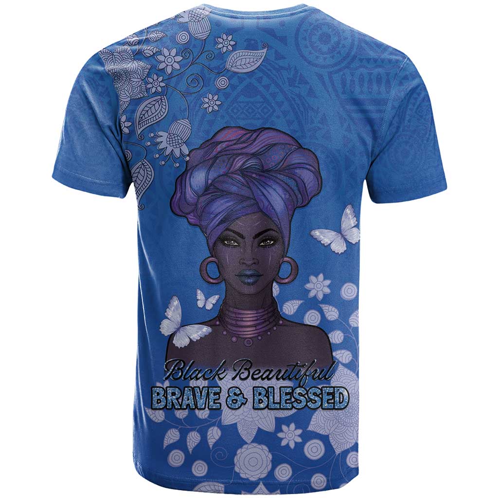 African Women T-Shirt Black Beautiful Brave and Bressed - Blue Color Graphic Tee