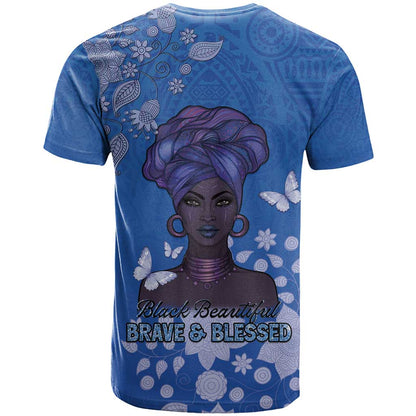 African Women T-Shirt Black Beautiful Brave and Bressed - Blue Color Graphic Tee