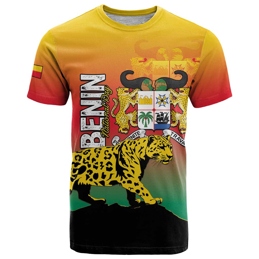 Personalized Benin National Day T-Shirt Leopard With Coat Of Arms Graphic Tee
