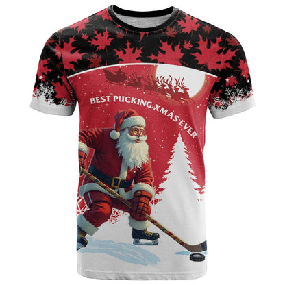 Personalized Canada Christmas T-Shirt Santa Claus Hockey Player - Maple Leaves Pattern Graphic Tee