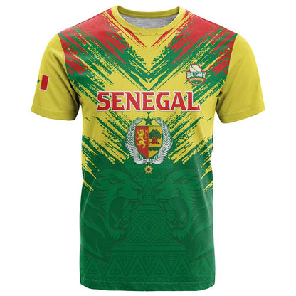 Senegal Rugby Custom T-Shirt Lion With Coat Of Arms - African Pattern Graphic Tee