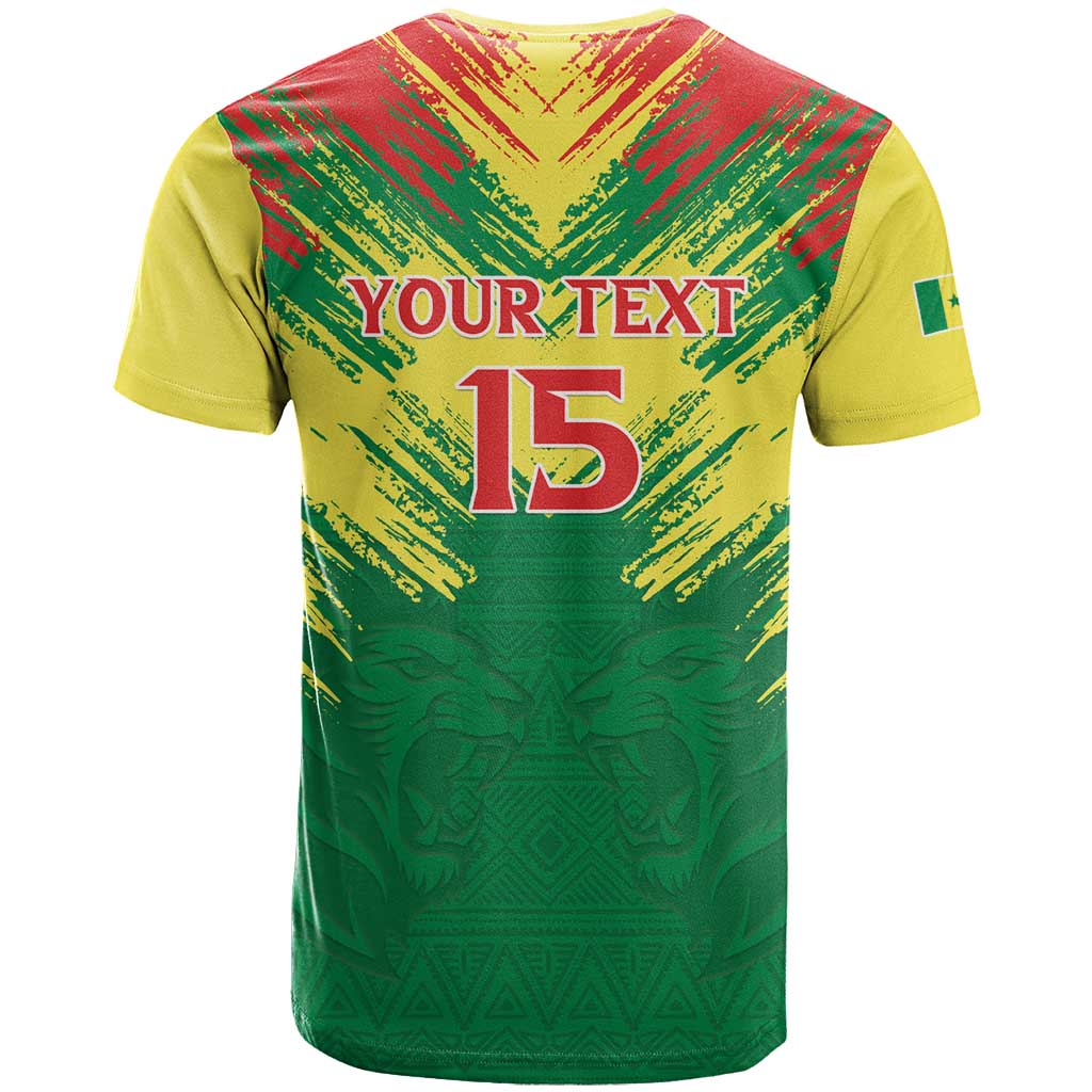 Senegal Rugby Custom T-Shirt Lion With Coat Of Arms - African Pattern Graphic Tee
