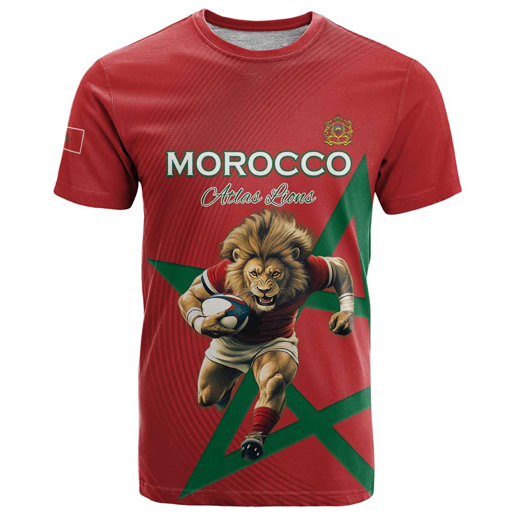 Morocco Rugby Custom T-Shirt Lion Mascot Green Star Graphic Tee