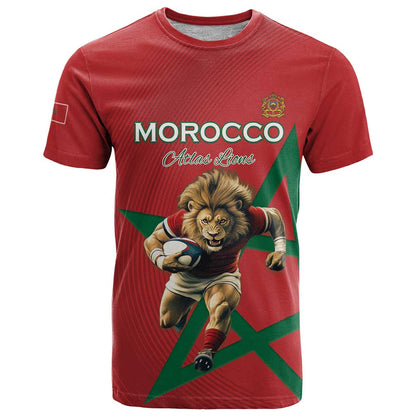 Morocco Rugby Custom T-Shirt Lion Mascot Green Star Graphic Tee