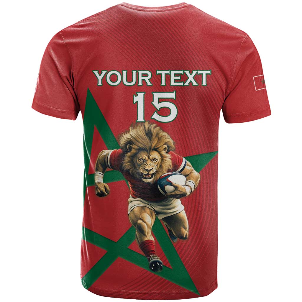 Morocco Rugby Custom T-Shirt Lion Mascot Green Star Graphic Tee