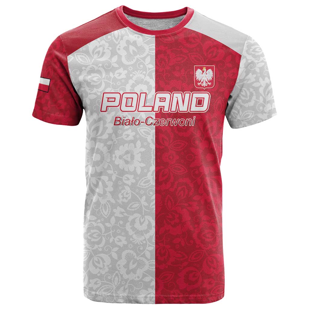 Custom Poland Football T-Shirt White-Reds Floral Polish Pattern Graphic Tee