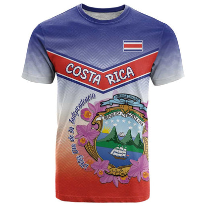 Personalized Costa Rica Independence Day T-Shirt Coat Of Arms With Purple Guaria Morada Orchid Graphic Tee
