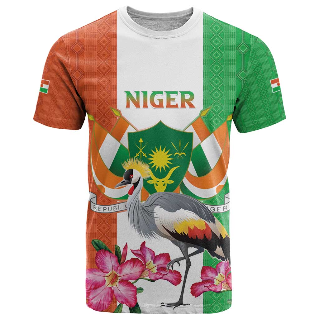 Niger Black-Crowned Crane T-Shirt Coat Of Arms - Kente Pattern Graphic Tee