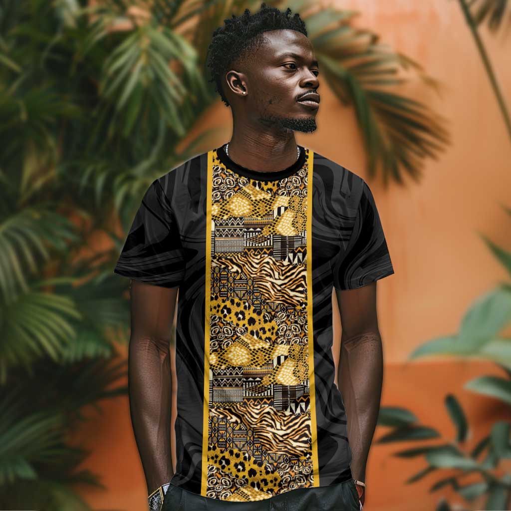 African Tribal Heritage T-Shirt Black Gold Pattern Graphic Tee