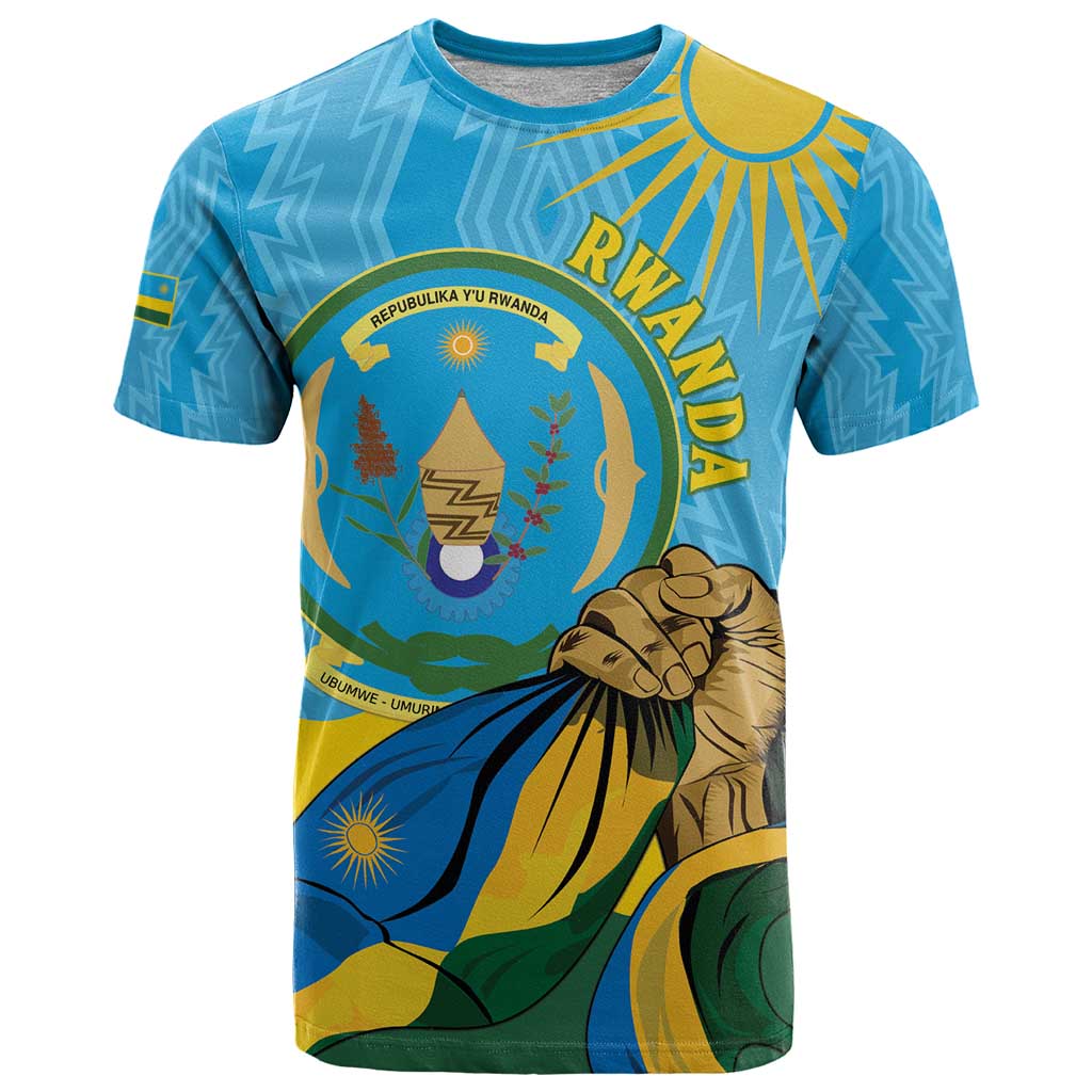 Personalized Rwanda Independence Day T-Shirt Coat Of Arms Imigongo Pattern Graphic Tee