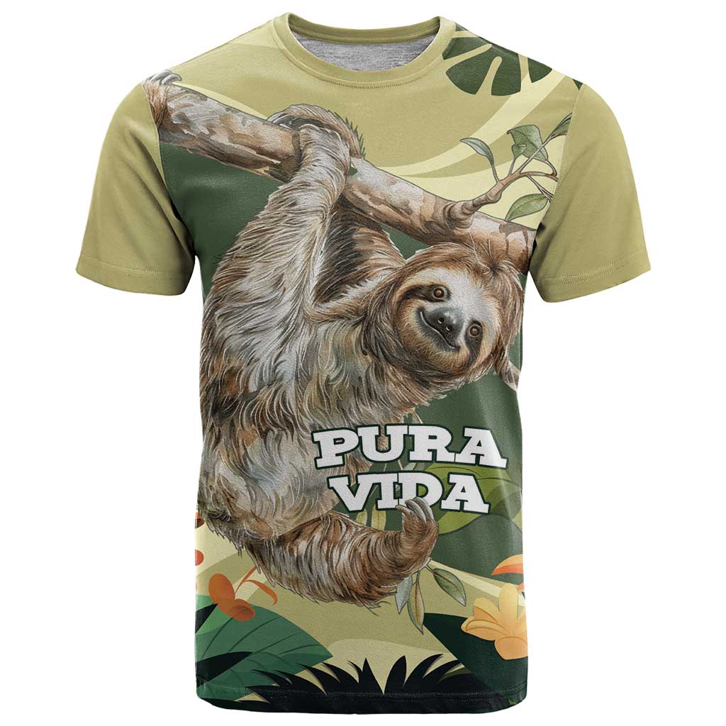 Pura Vida Costa Rica Sloth T-Shirt - Tropical Flowers Vintage Design Graphic Tee
