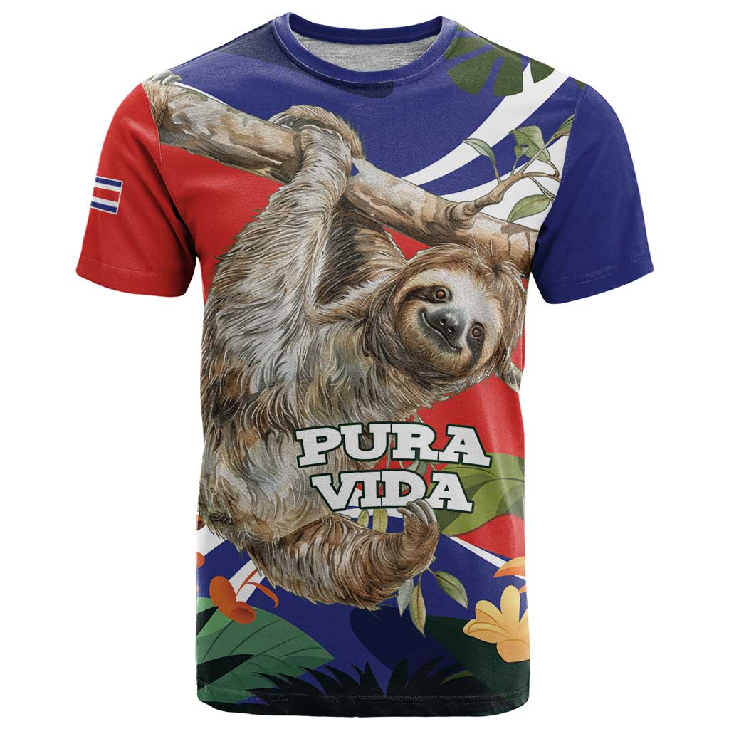 Pura Vida Costa Rica Sloth T-Shirt Tropical Flowers Flag Color Graphic Tee