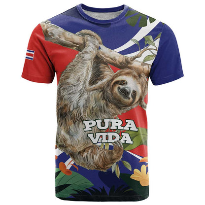 Pura Vida Costa Rica Sloth T-Shirt Tropical Flowers Flag Color Graphic Tee