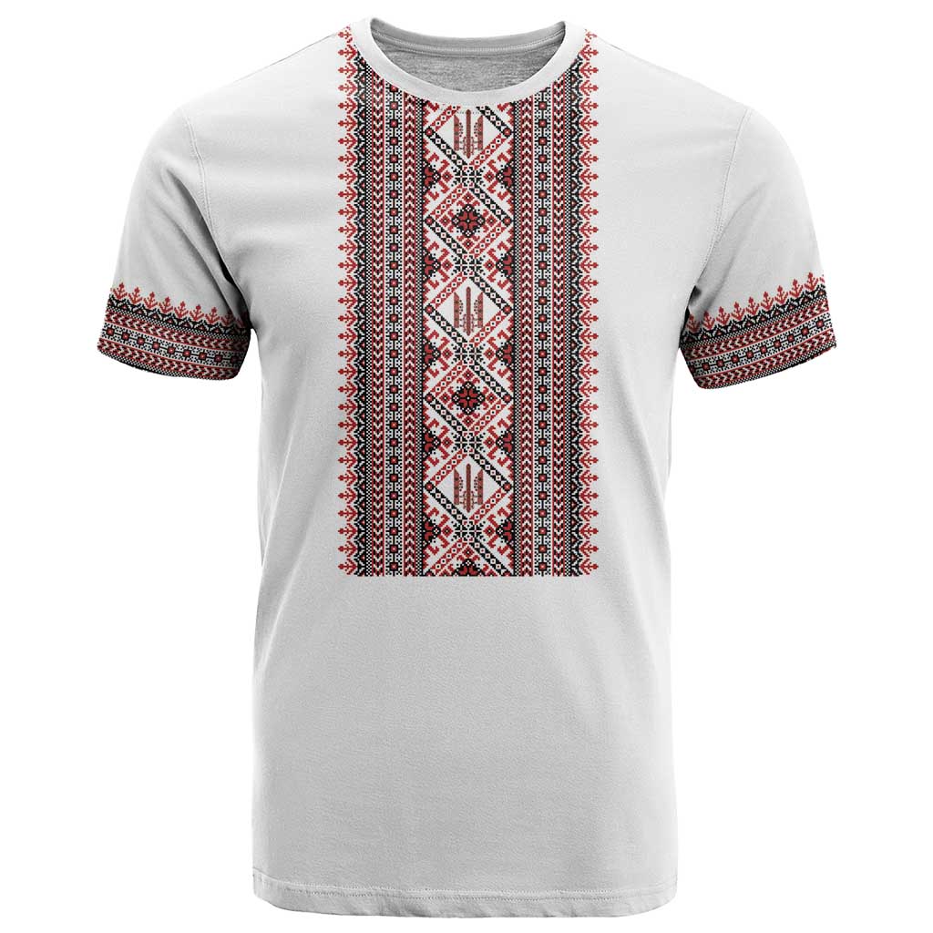 Personalized Ukrainian Trident T-Shirt White Tryzub Vyshyvanka Pattern Graphic Tee