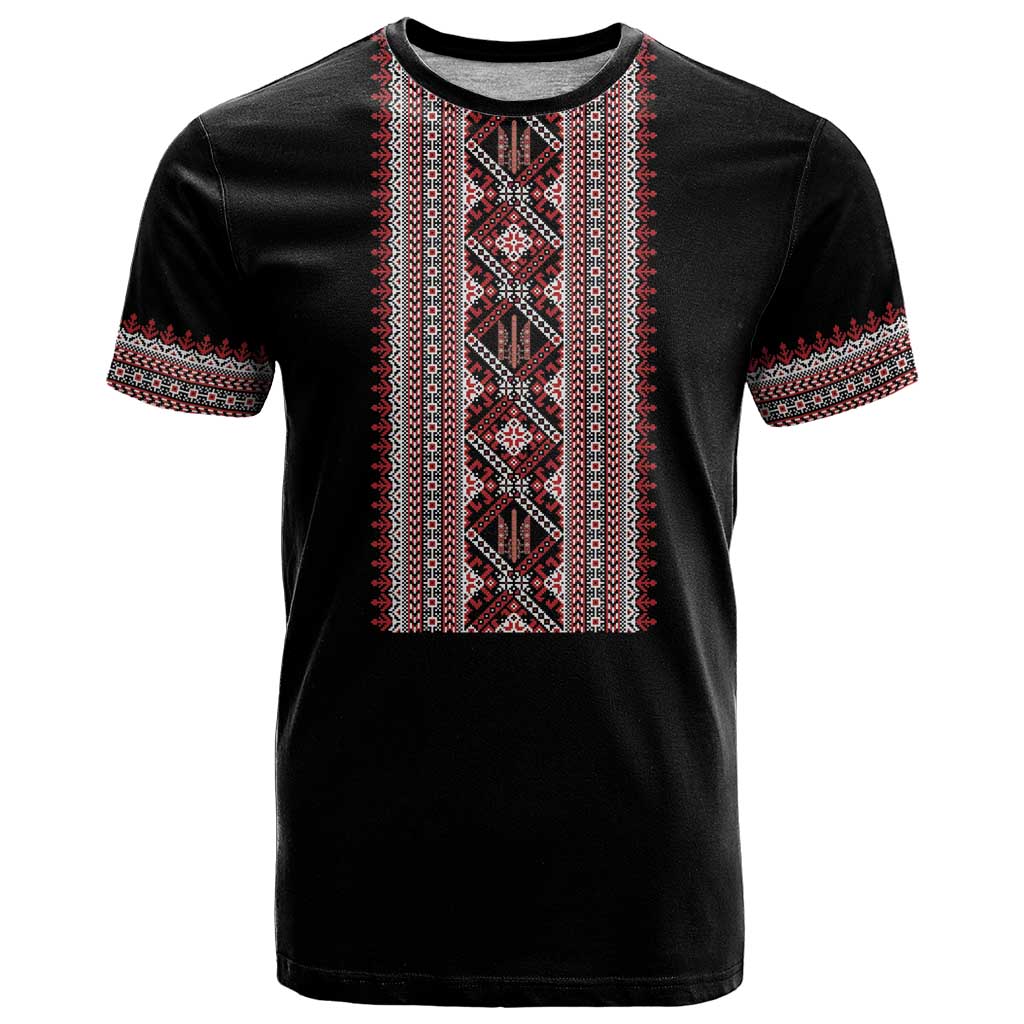 Personalized Ukrainian Trident T-Shirt Black Tryzub Vyshyvanka Pattern Graphic Tee