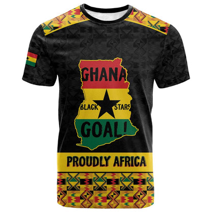 Personalized Afro Ghana Football T-Shirt Black Stars Never Fall - Kente Pattern Graphic Tee
