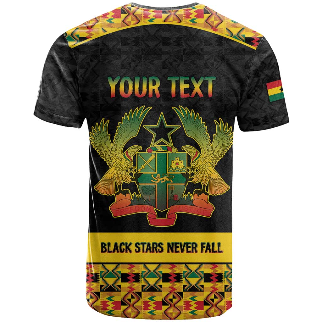 Personalized Afro Ghana Football T-Shirt Black Stars Never Fall - Kente Pattern Graphic Tee