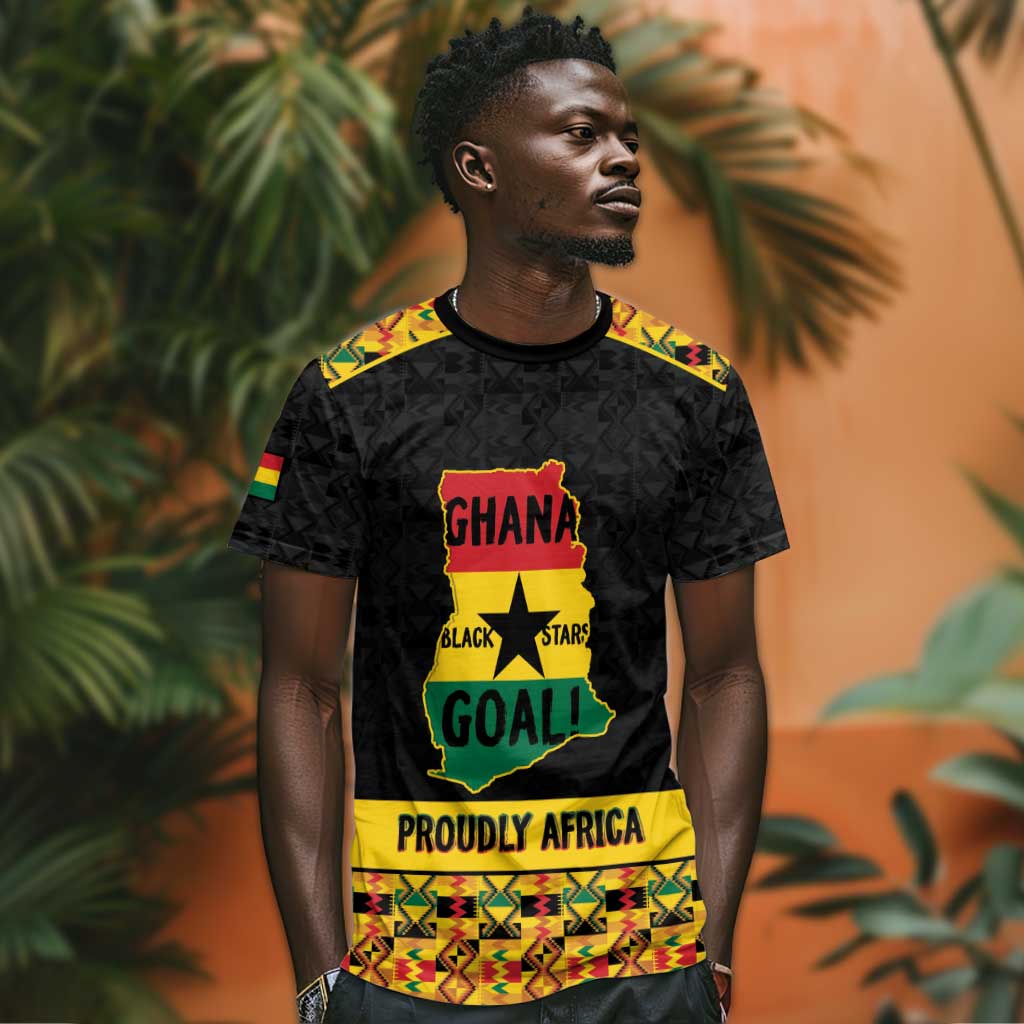 Personalized Afro Ghana Football T-Shirt Black Stars Never Fall - Kente Pattern Graphic Tee