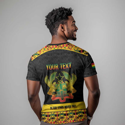 Personalized Afro Ghana Football T-Shirt Black Stars Never Fall - Kente Pattern Graphic Tee
