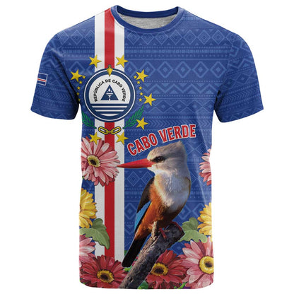 Personalised Cape Verde T-Shirt Grey-Headed Kingfisher Mix Gerbera Daisy Graphic Tee