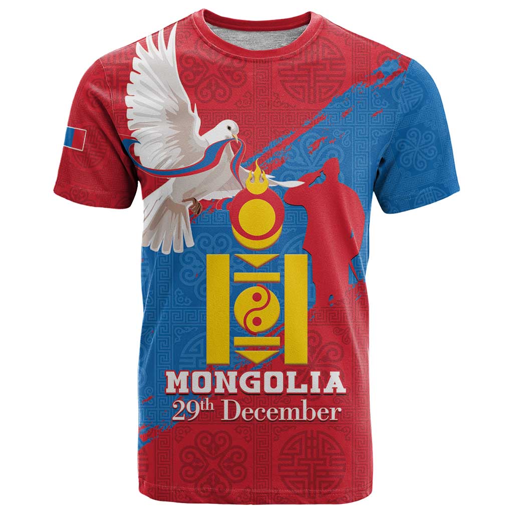 Personalised Mongolia Independence Day T-Shirt Coat Of Arms - Mongolia Folk Pattern Graphic Tee