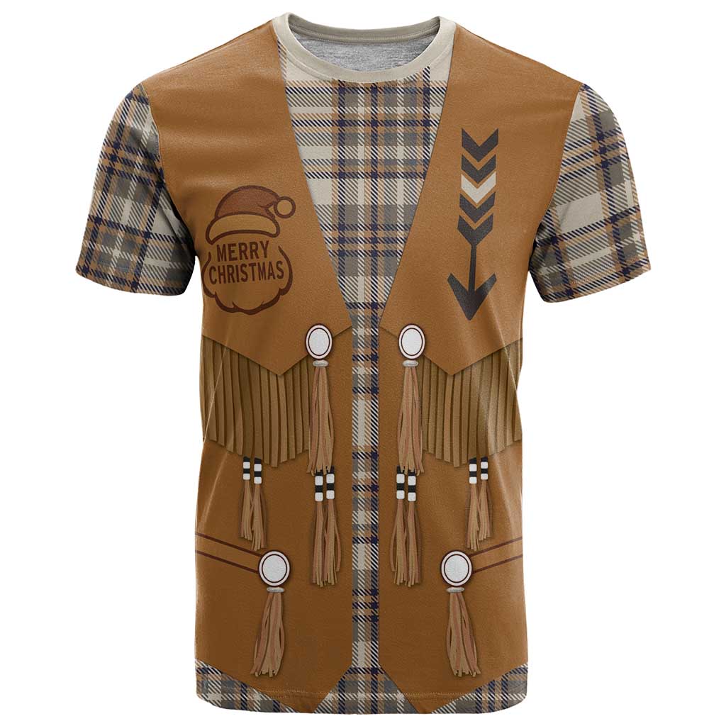 Santa Western Cowboy Christmas T-Shirt Plaid Brown Beige Vest Style Graphic Tee
