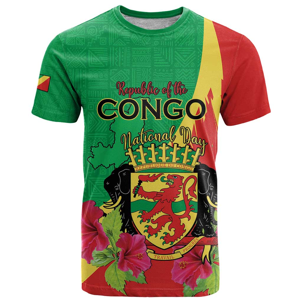 Personalized Congo Brazzaville National Day T-Shirt Coat Of Arms Hibiscus Flower Graphic Tee