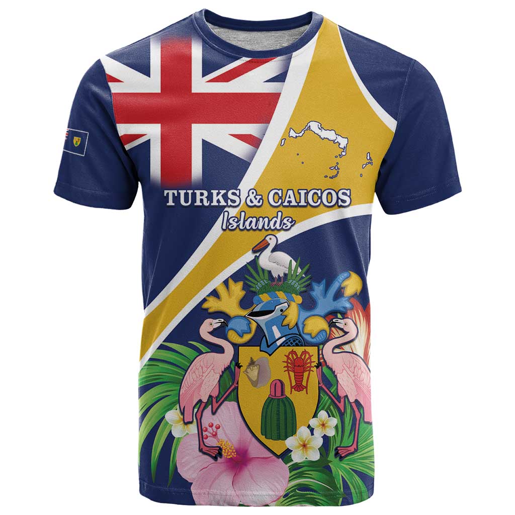 Personalised Turks And Caicos Islands T-Shirt Coat Of Arms Tropical Flower Graphic Tee