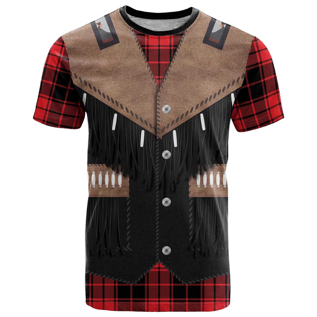 Western Cowboy Vest Style T-Shirt Black Red Plaid Pattern Graphic Tee