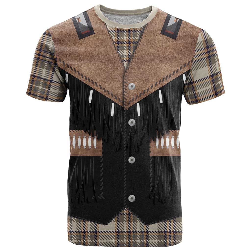 Western Cowboy Vest Style T-Shirt Brown Beige Plaid Pattern Graphic Tee