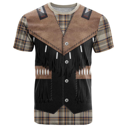 Western Cowboy Vest Style T-Shirt Brown Beige Plaid Pattern Graphic Tee