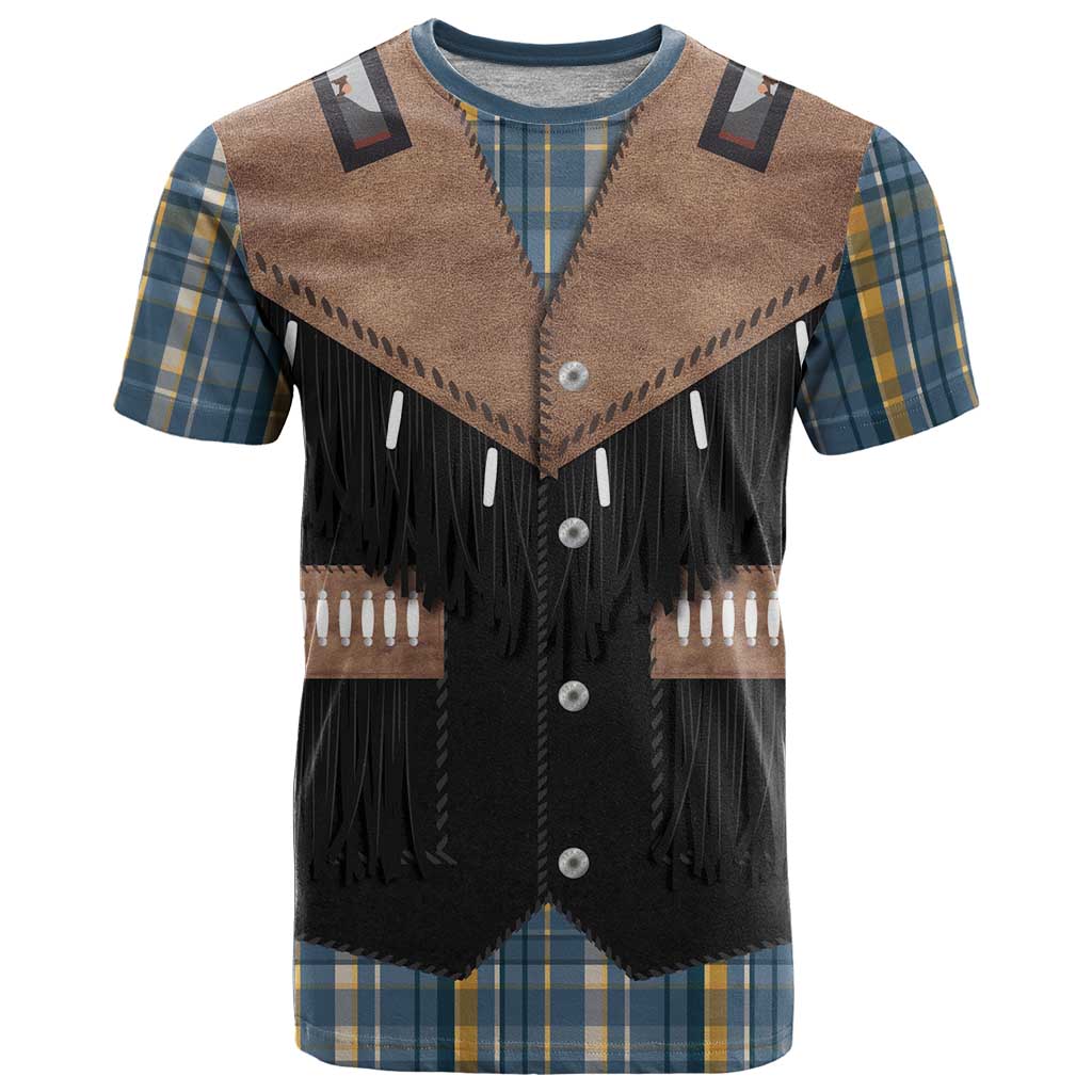Western Cowboy Vest Style T-Shirt Blue Yellow Plaid Pattern Graphic Tee